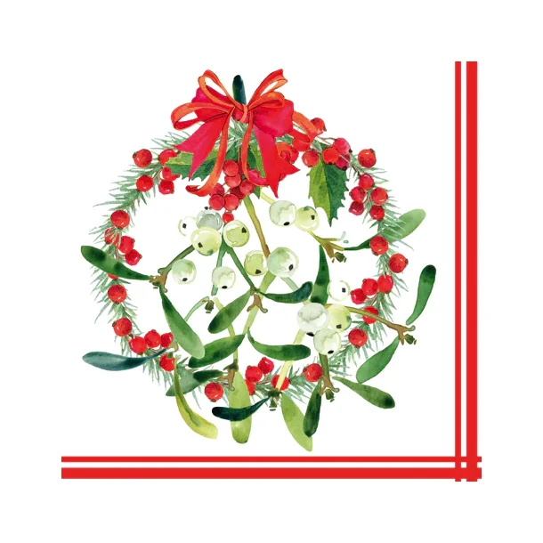 Servietter - Mistletoe and Berries Wreath - 33x33 cm. - 20 stk.