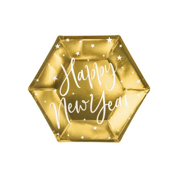 Paptallerkner - Happy New Year, gold, 20cm - 6 stk.