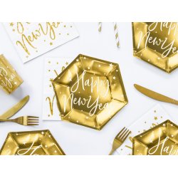 Paptallerkner - Happy New Year, gold, 20cm - 6 stk.
